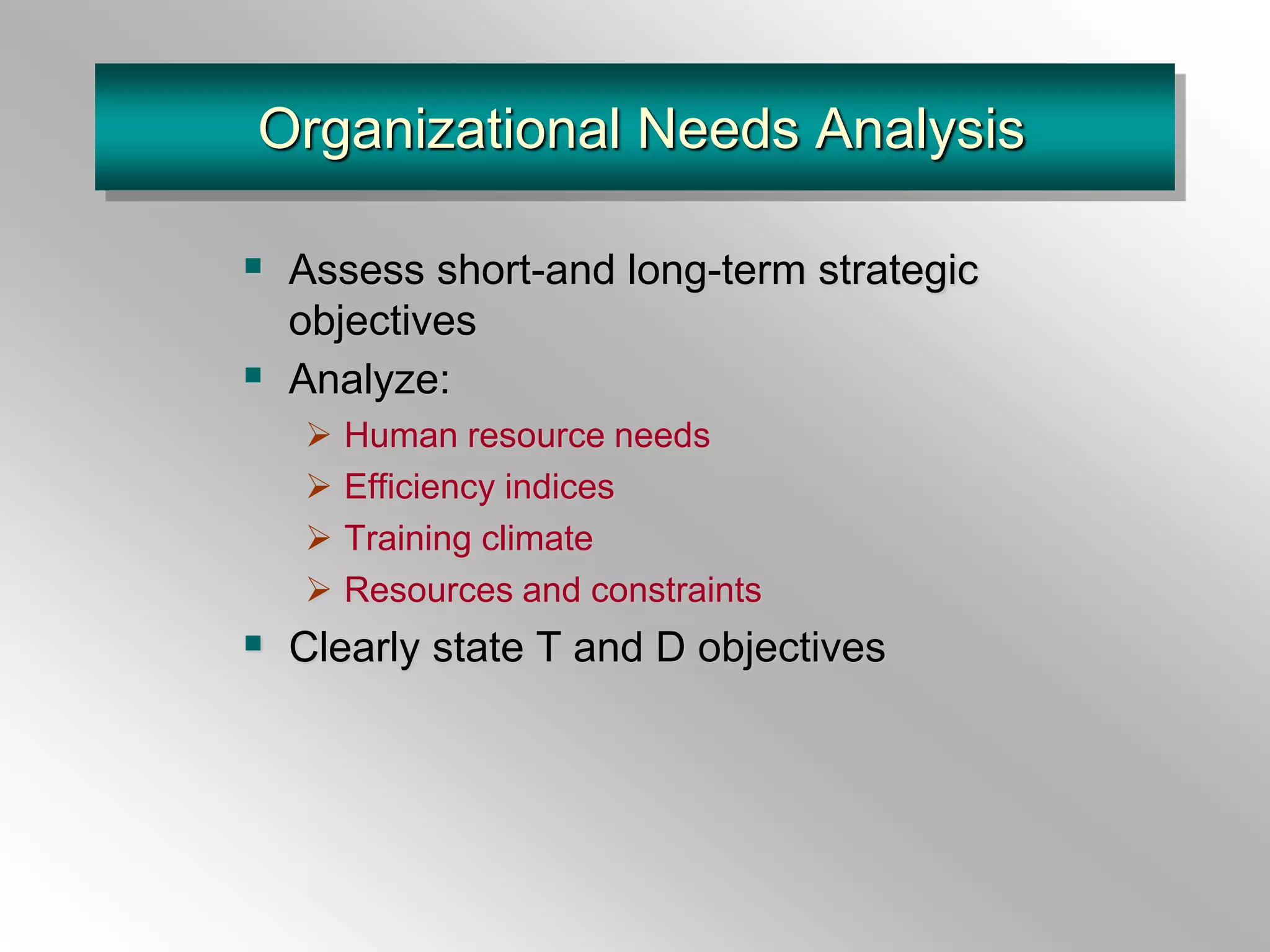 Organizational Needs Analysis
 Assess short-and long-term strategic
objectives
 Analyze:
 Human resource needs
 Efficiency indices
 Training climate
 Resources and constraints
 Clearly state T and D objectives
 