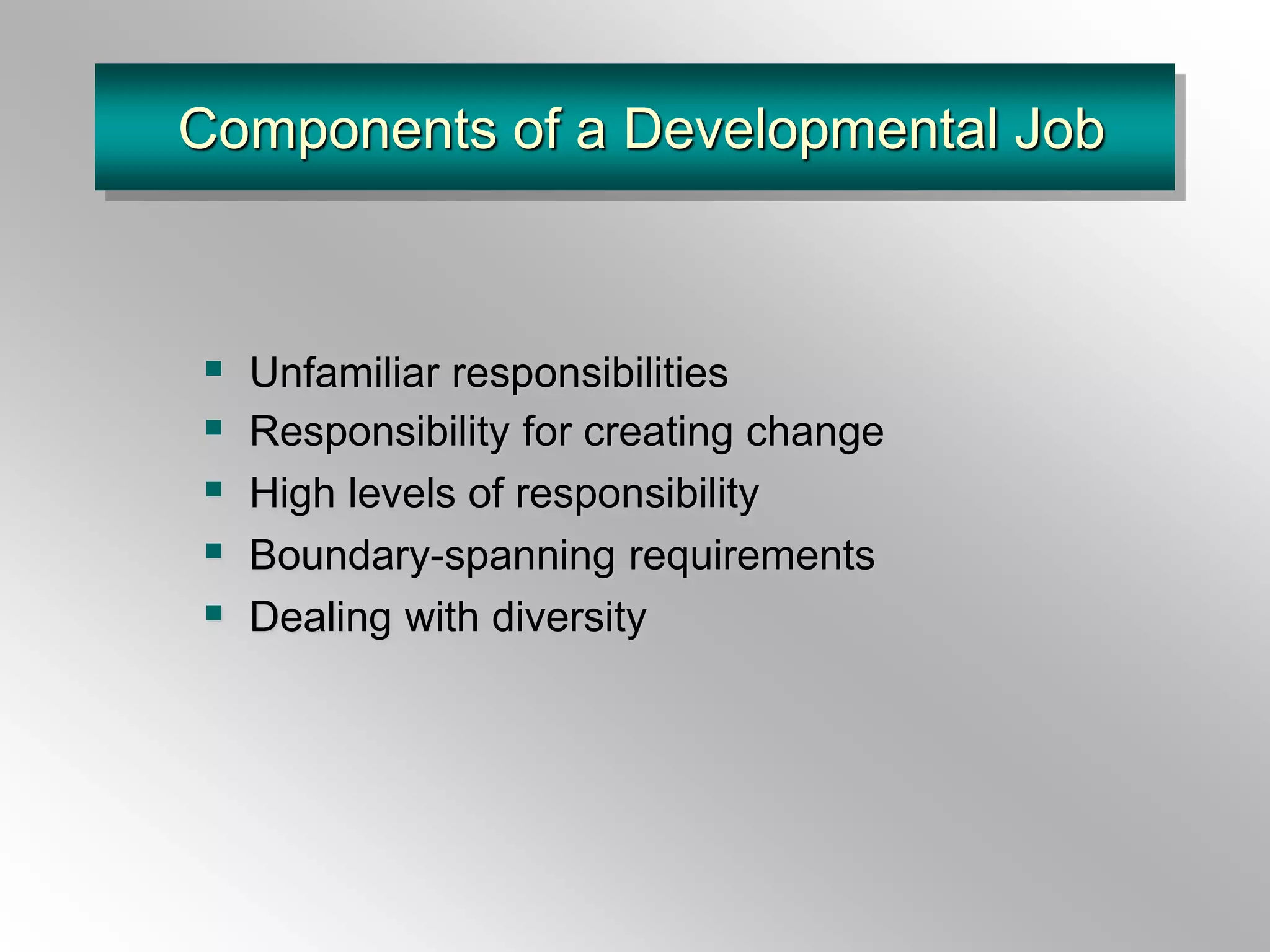 Components of a Developmental Job
 Unfamiliar responsibilities
 Responsibility for creating change
 High levels of responsibility
 Boundary-spanning requirements
 Dealing with diversity
 
