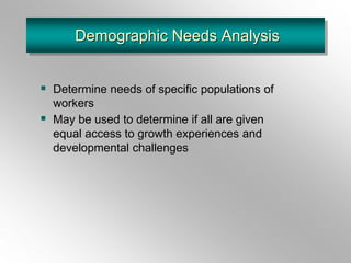 Demographic Needs Analysis
 Determine needs of specific populations of
workers
 May be used to determine if all are given
equal access to growth experiences and
developmental challenges
 