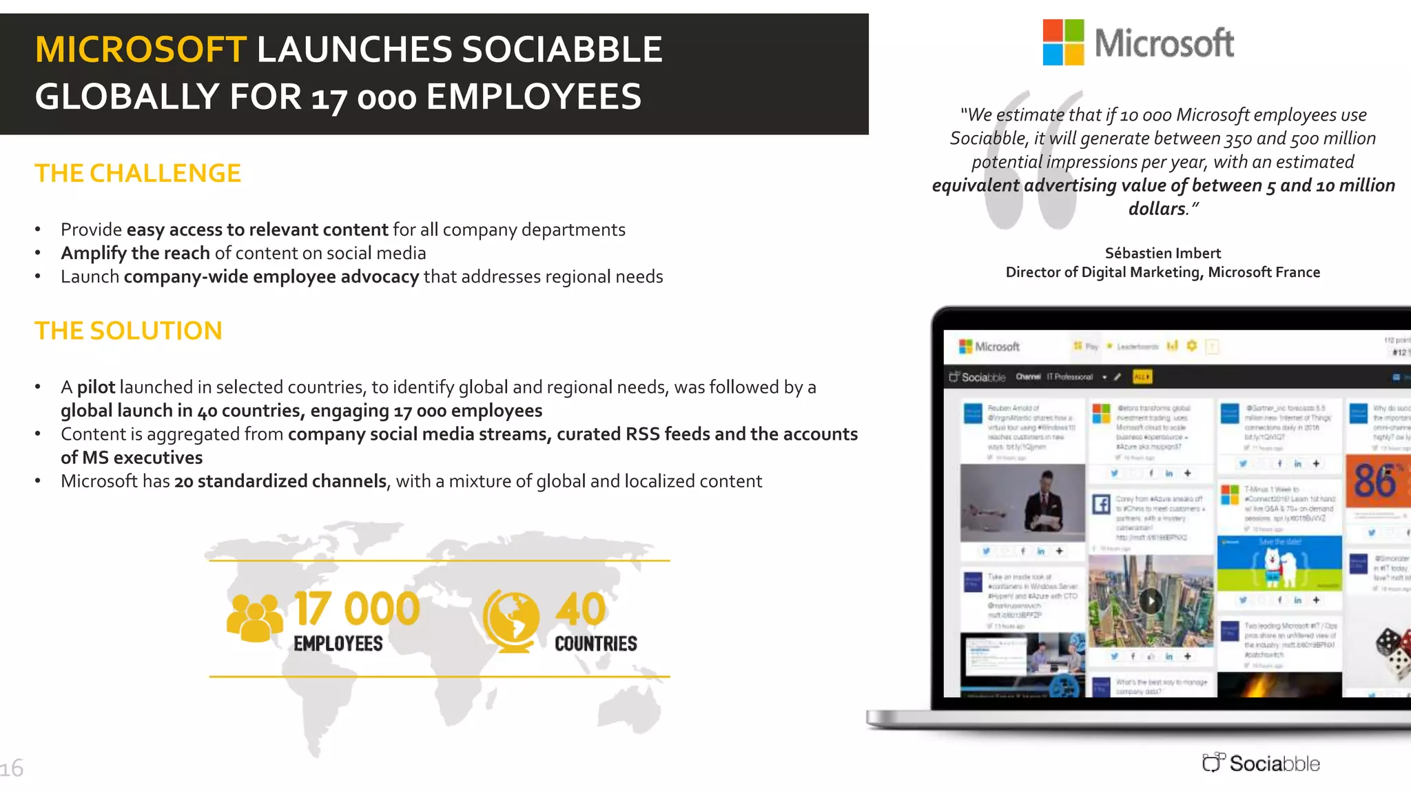 16
MICROSOFT LAUNCHES SOCIABBLE
GLOBALLY FOR 17 000 EMPLOYEES
THE CHALLENGE
• Provide easy access to relevant content for all company departments
• Amplify the reach of content on social media
• Launch company-wide employee advocacy that addresses regional needs
THE SOLUTION
• A pilot launched in selected countries, to identify global and regional needs, was followed by a
global launch in 40 countries, engaging 17 000 employees
• Content is aggregated from company social media streams, curated RSS feeds and the accounts
of MS executives
• Microsoft has 20 standardized channels, with a mixture of global and localized content
“We estimate that if 10 000 Microsoft employees use
Sociabble, it will generate between 350 and 500 million
potential impressions per year, with an estimated
equivalent advertising value of between 5 and 10 million
dollars.”
Sébastien Imbert
Director of Digital Marketing, Microsoft France
 