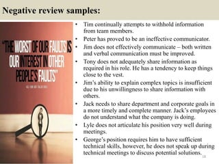 Negative review samples:
• Tim continually attempts to withhold information
from team members.
• Peter has proved to be an ineffective communicator.
• Jim does not effectively communicate – both written
and verbal communication must be improved.
• Tony does not adequately share information as
required in his role. He has a tendency to keep things
close to the vest.
• Jim’s ability to explain complex topics is insufficient
due to his unwillingness to share information with
others.
• Jack needs to share department and corporate goals in
a more timely and complete manner. Jack’s employees
do not understand what the company is doing.
• Lyle does not articulate his position very well during
meetings.
• George’s position requires him to have sufficient
technical skills, however, he does not speak up during
technical meetings to discuss potential solutions.
18
 