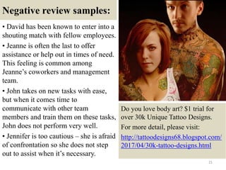 Negative review samples:
• David has been known to enter into a
shouting match with fellow employees.
• Jeanne is often the last to offer
assistance or help out in times of need.
This feeling is common among
Jeanne’s coworkers and management
team.
• John takes on new tasks with ease,
but when it comes time to
communicate with other team
members and train them on these tasks,
John does not perform very well.
• Jennifer is too cautious – she is afraid
of confrontation so she does not step
out to assist when it’s necessary.
21
Do you love body art? $1 trial for
over 30k Unique Tattoo Designs.
For more detail, please visit:
http://tattoodesigns68.blogspot.com/
2017/04/30k-tattoo-designs.html
 