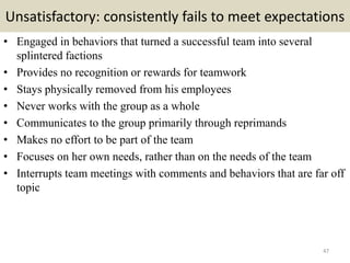 Unsatisfactory: consistently fails to meet expectations
• Engaged in behaviors that turned a successful team into several
splintered factions
• Provides no recognition or rewards for teamwork
• Stays physically removed from his employees
• Never works with the group as a whole
• Communicates to the group primarily through reprimands
• Makes no effort to be part of the team
• Focuses on her own needs, rather than on the needs of the team
• Interrupts team meetings with comments and behaviors that are far off
topic
47
 