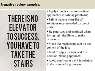 Negative review samples:
• Apply complex and impractical
approaches in solving problems;
• Fail to make a short-list of
so...