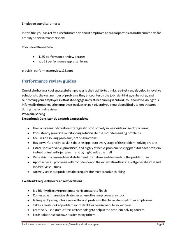 employee appraisal phrases review for employee evaluation