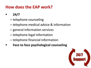 How does the EAP work?
 24/7
– telephone counseling
– telephone medical advice & information
– general information services
– telephone legal information
– telephone financial information
 Face to face psychological counseling
 