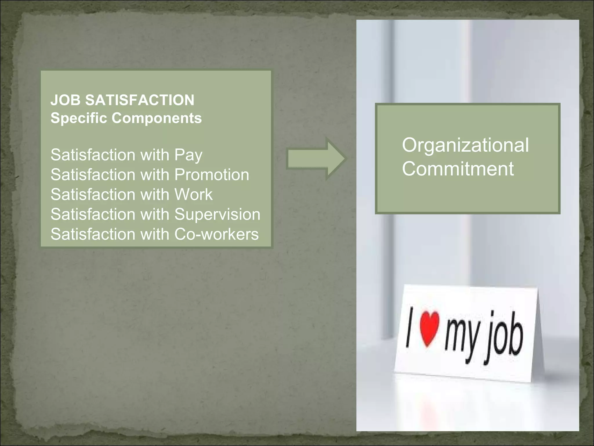 JOB SATISFACTION Specific Components  Satisfaction with Pay  Satisfaction with Promotion  Satisfaction with Work  Satisfaction with Supervision  Satisfaction with Co-workers  Organizational Commitment 