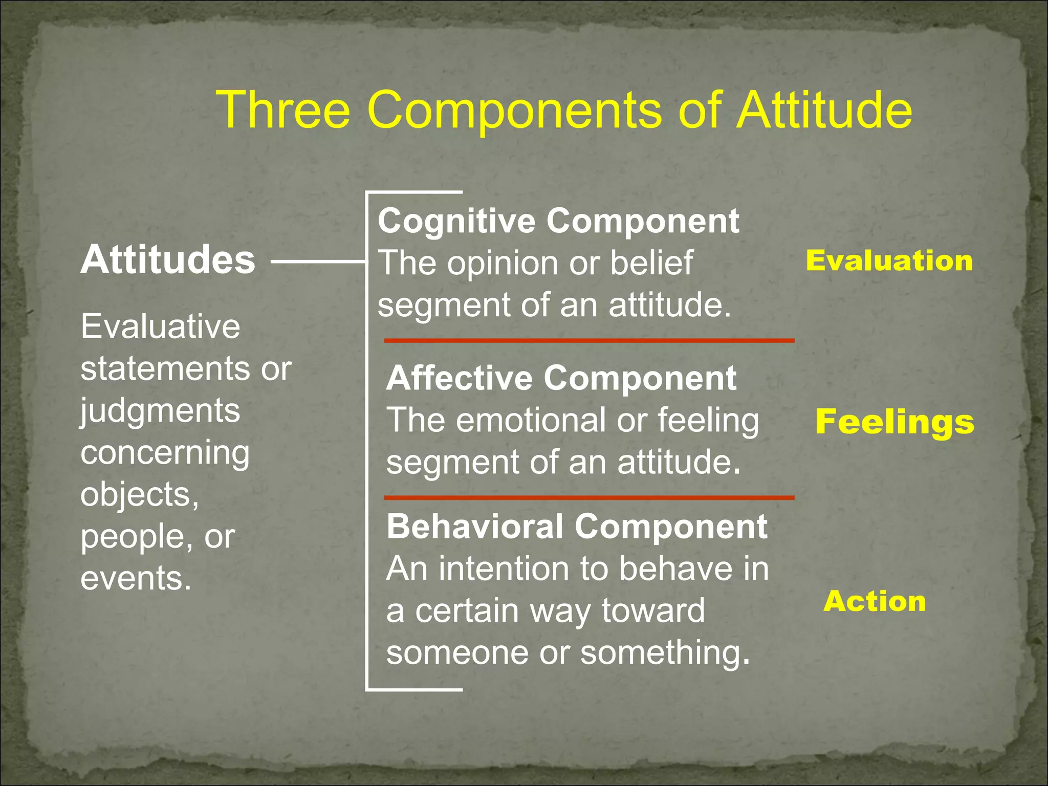 Three Components of Attitude Attitudes Evaluative statements or judgments concerning objects, people, or events. Cognitive Component The opinion or belief segment of an attitude. Affective Component The emotional or feeling segment of an attitude . Behavioral Component An intention to behave in a certain way toward someone or something . Evaluation Feelings Action 