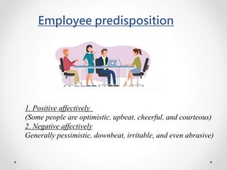 Employee predisposition
1. Positive affectively
(Some people are optimistic, upbeat, cheerful, and courteous)
2. Negative affectively
Generally pessimistic, downbeat, irritable, and even abrasive)
 
