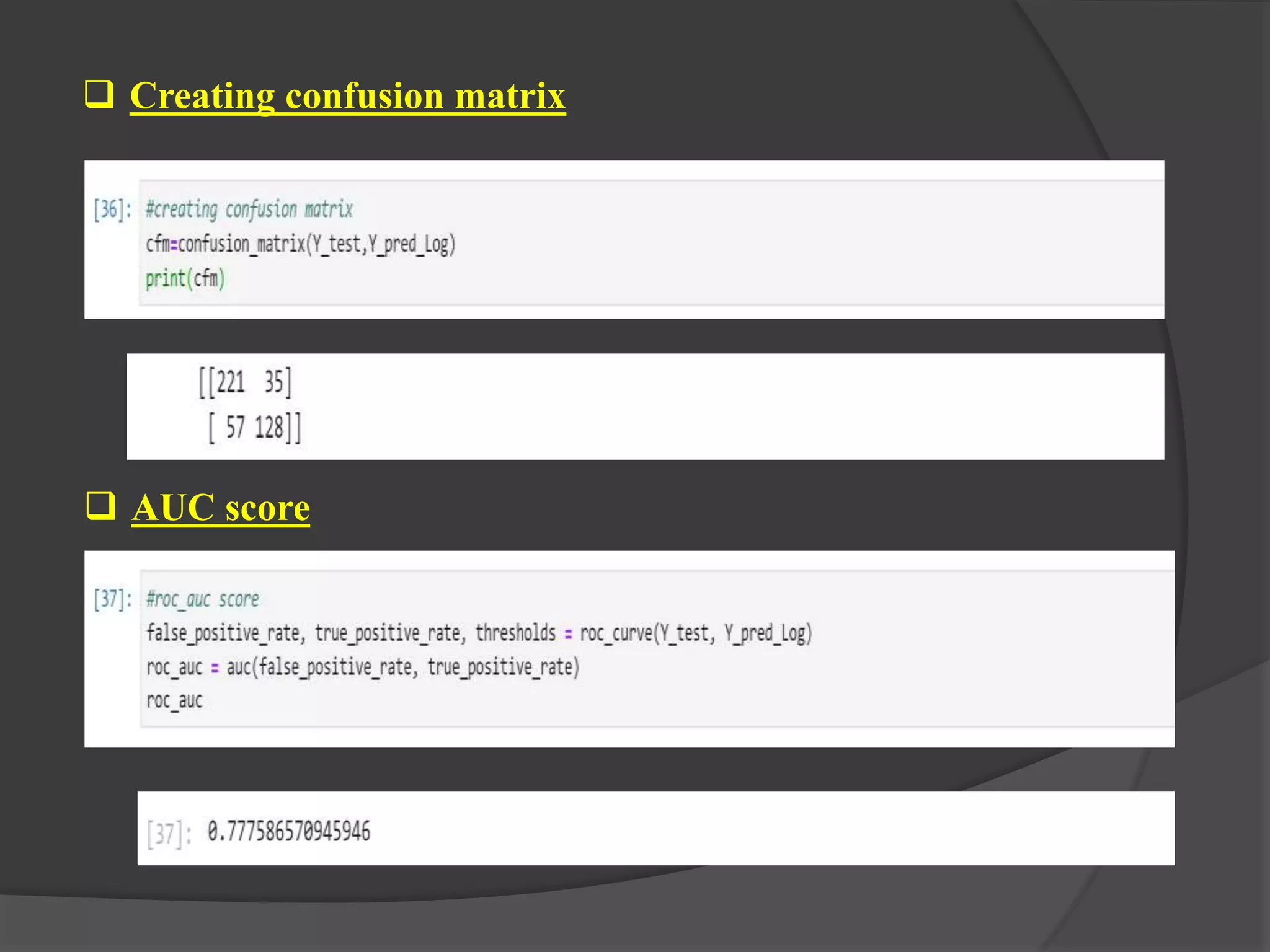  Creating confusion matrix
 AUC score
 