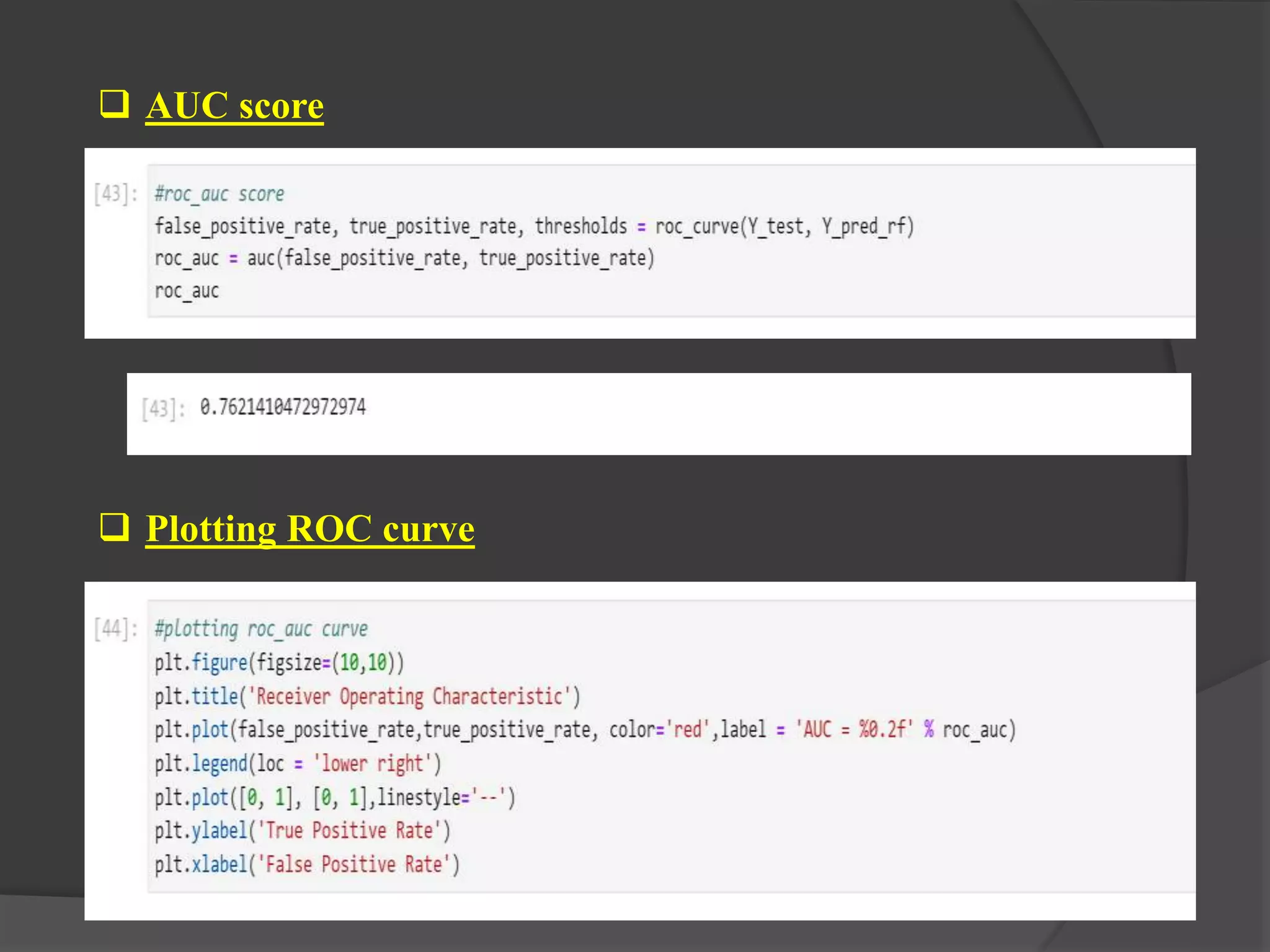  AUC score
 Plotting ROC curve
 