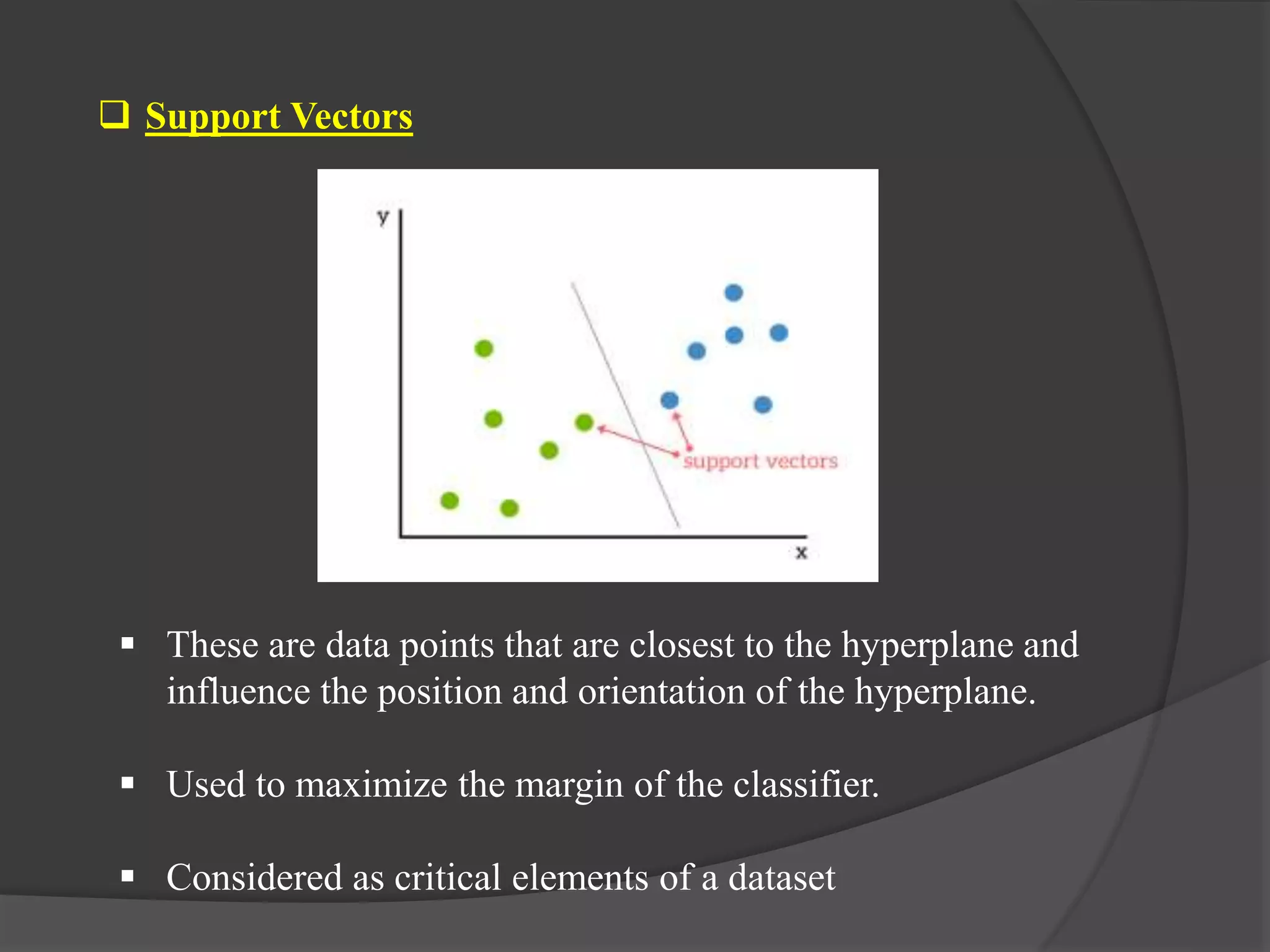  Support Vectors
 These are data points that are closest to the hyperplane and
influence the position and orientation of the hyperplane.
 Used to maximize the margin of the classifier.
 Considered as critical elements of a dataset
 