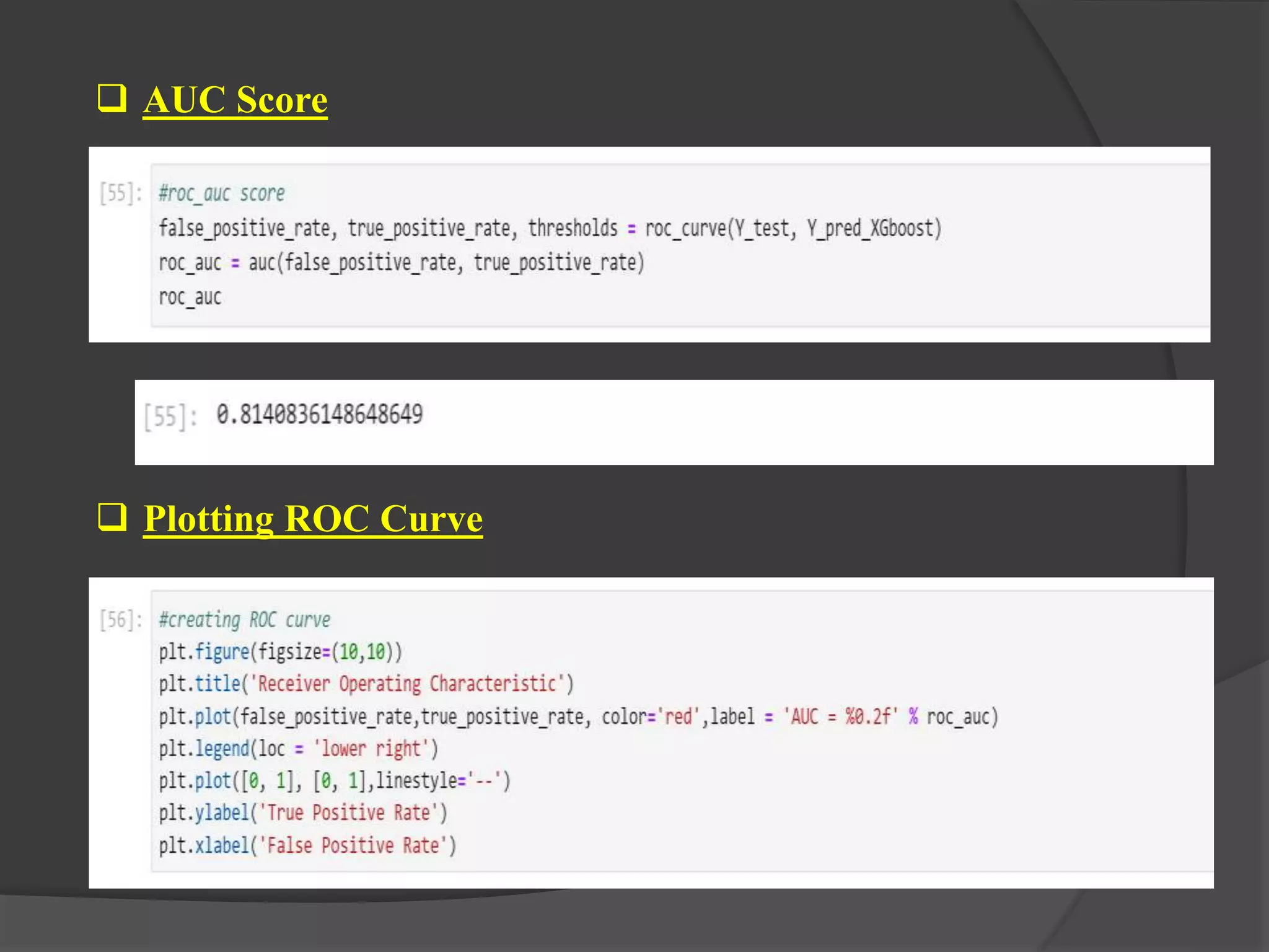  AUC Score
 Plotting ROC Curve
 