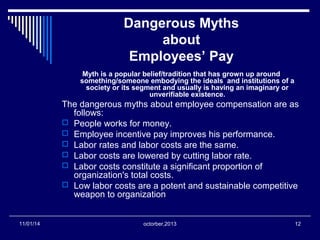 Dangerous Myths 
about 
Employees’ Pay 
Myth is a popular belief/tradition that has grown up around 
something/someone embodying the ideals and institutions of a 
society or its segment and usually is having an imaginary or 
unverifiable existence. 
The dangerous myths about employee compensation are as 
follows: 
 People works for money. 
 Employee incentive pay improves his performance. 
 Labor rates and labor costs are the same. 
 Labor costs are lowered by cutting labor rate. 
 Labor costs constitute a significant proportion of 
organization's total costs. 
 Low labor costs are a potent and sustainable competitive 
weapon to organization 
11/01/14 octorber,2013 12 
 
