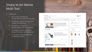 © vibrio 2017 http://vibrio.eu 11
Smarp ist ein kleines
Multi-Tool
Smarp ist …
die Content-Empfehlung
für das Teilen (Content Monitoring).
ein kleines Content-Management-
System für Mitarbeiter.
ein Tool zum einfachen
und schnellen Teilen von Content.
ein Analyse-Tool für die Social-
Media-Aktivitäten der Mitarbeiter.
ein Anreiz für Mitarbeiter/innen
im Win-Win-System.
 