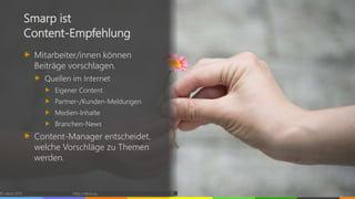 © vibrio 2017 http://vibrio.eu 12
Smarp ist
Content-Empfehlung
Mitarbeiter/innen können
Beiträge vorschlagen.
Quellen im Internet
Eigener Content
Partner-/Kunden-Meldungen
Medien-Inhalte
Branchen-News
Content-Manager entscheidet,
welche Vorschläge zu Themen
werden.
 