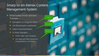 © vibrio 2017 http://vibrio.eu 13
Smarp ist ein kleines Content
Management-System
Mitarbeiter/innen können
Themen …
komplett im Original lesen.
mit Bookmarks markieren.
intern kommentieren.
in ihren Kanälen …
sofort oder nach Zeitplan …
mit eigenem Text bewerten,
interpretieren und teilen.
Lesen
Diskutieren
Publizieren
 