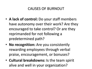 CAUSES OF BURNOUT
• A lack of control: Do your staff members
have autonomy over their work? Are they
encouraged to take control? Or are they
reprimanded for not following a
predetermined path?
• No recognition: Are you consistently
rewarding employees through verbal
praise, encouragement, or bonuses?
• Cultural breakdowns: Is the team spirit
alive and well in your organization?
 