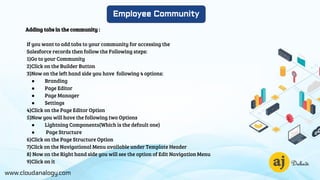 www.cloudanalogy.com
Employee Community
Adding tabs in the community :
If you want to add tabs to your community for accessing the
Salesforce records then follow the Following steps:
1)Go to your Community
2)Click on the Builder Button
3)Now on the left hand side you have following 4 options:
● Branding
● Page Editor
● Page Manager
● Settings
4)Click on the Page Editor Option
5)Now you will have the following two Options
● Lightning Components(Which is the default one)
● Page Structure
6)Click on the Page Structure Option
7)Click on the Navigational Menu available under Template Header
8) Now on the Right hand side you will see the option of Edit Navigation Menu
9)Click on it
 