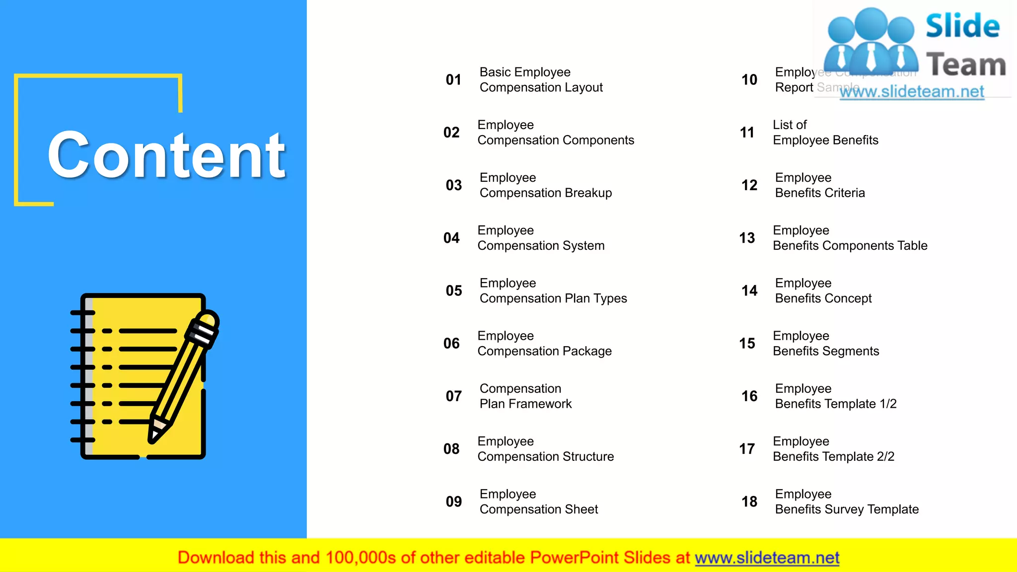 Basic Employee
Compensation Layout
01
Employee
Compensation Components
02
Employee
Compensation Breakup
03
Employee
Compensation System
04
Employee
Compensation Plan Types
05
Employee
Compensation Package
06
Compensation
Plan Framework
07
Employee
Compensation Structure
08
Employee
Compensation Sheet
09
Employee Compensation
Report Sample
10
List of
Employee Benefits
11
Employee
Benefits Criteria
12
Employee
Benefits Components Table
13
Employee
Benefits Concept
14
Employee
Benefits Segments
15
Employee
Benefits Template 1/2
16
Employee
Benefits Template 2/2
17
Employee
Benefits Survey Template
18
Content
2
 