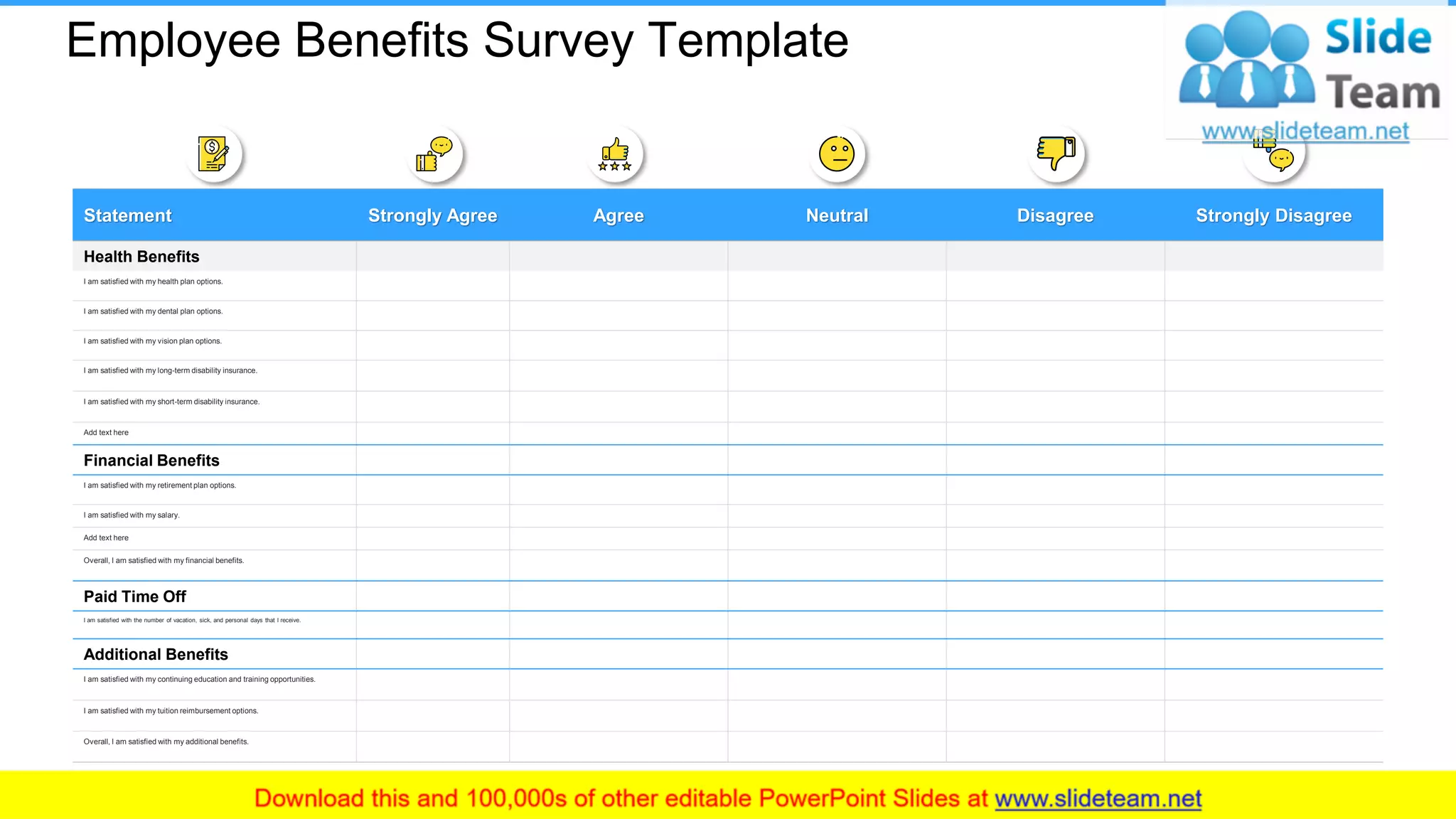 Employee Benefits Survey Template
Statement Strongly Agree Agree Neutral Disagree Strongly Disagree
Health Benefits
I am satisfied with my health plan options.
I am satisfied with my dental plan options.
I am satisfied with my vision plan options.
I am satisfied with my long-term disability insurance.
I am satisfied with my short-term disability insurance.
Add text here
Financial Benefits
I am satisfied with my retirement plan options.
I am satisfied with my salary.
Add text here
Overall, I am satisfied with my financial benefits.
Paid Time Off
I am satisfied with the number of vacation, sick, and personal days that I receive.
Additional Benefits
I am satisfied with my continuing education and training opportunities.
I am satisfied with my tuition reimbursement options.
Overall, I am satisfied with my additional benefits.
21
 