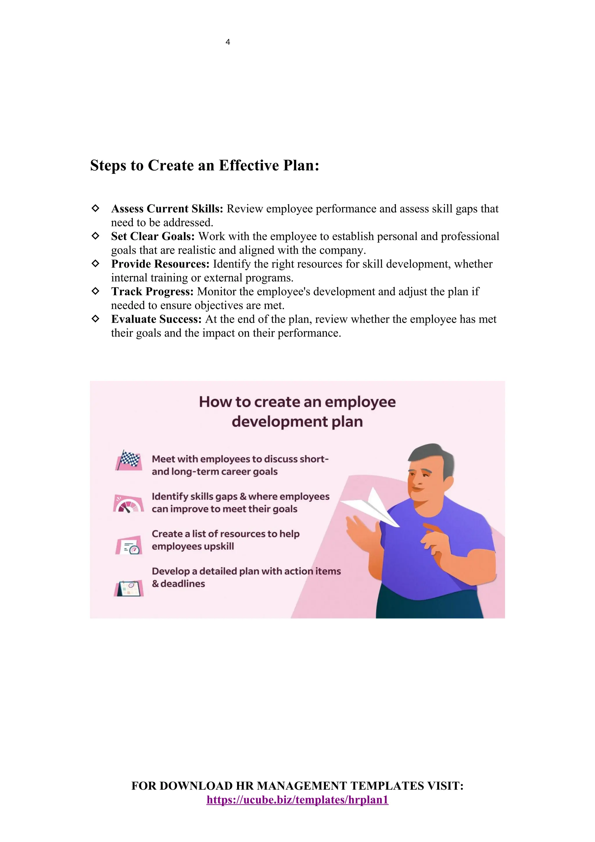 4
Steps to Create an Effective Plan:
 Assess Current Skills: Review employee performance and assess skill gaps that
need to be addressed.
 Set Clear Goals: Work with the employee to establish personal and professional
goals that are realistic and aligned with the company.
 Provide Resources: Identify the right resources for skill development, whether
internal training or external programs.
 Track Progress: Monitor the employee's development and adjust the plan if
needed to ensure objectives are met.
 Evaluate Success: At the end of the plan, review whether the employee has met
their goals and the impact on their performance.
FOR DOWNLOAD HR MANAGEMENT TEMPLATES VISIT:
https://ucube.biz/templates/hrplan1
 