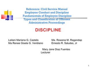 Reference: Civil Service Manual
Employee Conduct and Discipline
Fundamentals of Employee Discipline
Types and Classification of Offenses
Administrative Proceedings

DISCIPLINE
Leilani Mariana G. Castelo
Ma Renee Gisela G. Veridiano

Ma. Rowena M. Ragandap
Ernesto R. Saludes, Jr

Mary Jane Diaz Fuentes
Lecturer

1

 