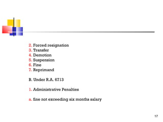 2. Forced resignation
3. Transfer
4. Demotion
5. Suspension
6. Fine
7. Reprimand
B. Under R.A. 6713
1. Administrative Penalties
a. fine not exceeding six months salary

17

 