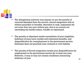 

The disciplining authority may impose on you the penalty of
removal/dismissal from the service, forced resignation with or
without prejudice to benefits, demotion in rank, suspension for
not more than one year without pay, fine in an amount not
exceeding six months salary, transfer or reprimand.



The penalty or dismissal entails cancellation of your eligibility,
forfeiture of your leave credits and retirement benefits, and
disqualification for reemployment in the government service.
Dismissal does not preclude your criminal or civil liability.



The penalty of forced resignation entails your disqualification for
employment in the government service for at least one year.
However, it may or may not contain conditions concerning
forfeiture of your

22

 