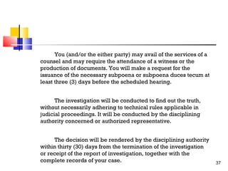 You (and/or the either party) may avail of the services of a
counsel and may require the attendance of a witness or the
production of documents. You will make a request for the
issuance of the necessary subpoena or subpoena duces tecum at
least three (3) days before the scheduled hearing.
The investigation will be conducted to find out the truth,
without necessarily adhering to technical rules applicable in
judicial proceedings. It will be conducted by the disciplining
authority concerned or authorized representative.
The decision will be rendered by the disciplining authority
within thirty (30) days from the termination of the investigation
or receipt of the report of investigation, together with the
complete records of your case.

37

 