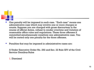 

One penalty will be imposed in each case. “Each case” means one
administrative case which may involve one or more charges or
counts. Suppose you are charged with gross discourtesy in the
course of official duties, refusal to render overtime and violation of
reasonable office rules and regulations. These three offenses if
committed simultaneously constitute one administrative case. You
will be meted only one penalty for the three offenses.



Penalties that may be imposed in administrative cases are:
A Under Executive Order No. 292 and Sec. 22 Rule XIV of the Civil
Service Omnibus Rules
1. Dismissal
16

 