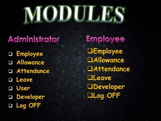 Employee
 Allowance
 Attendance
 Leave
 User
 Developer
 Log OFF
Employee
Allowance
Attendance
Leave
Developer
Log OFF
 