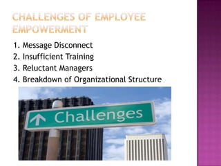 1. Message Disconnect
2. Insufficient Training
3. Reluctant Managers
4. Breakdown of Organizational Structure
 
