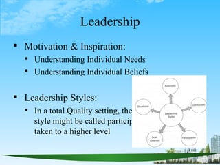 Leadership
 Motivation & Inspiration:
   Understanding Individual Needs
   Understanding Individual Beliefs


 Leaders...