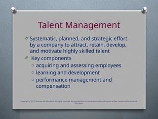 Talent Management
O Systematic, planned, and strategic effort
by a company to attract, retain, develop,
and motivate highly skilled talent
O Key components
o acquiring and assessing employees
o learning and development
o performance management and
compensation
Copyright © 2017 McGraw-Hill Education. All rights reserved. No reproduction or distribution without the prior written consent of McGraw-Hill
Education.
 