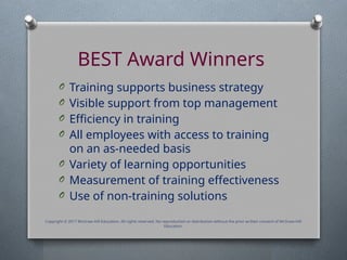 O Training supports business strategy
O Visible support from top management
O Efficiency in training
O All employees with access to training
on an as-needed basis
O Variety of learning opportunities
O Measurement of training effectiveness
O Use of non-training solutions
BEST Award Winners
Copyright © 2017 McGraw-Hill Education. All rights reserved. No reproduction or distribution without the prior written consent of McGraw-Hill
Education.
 