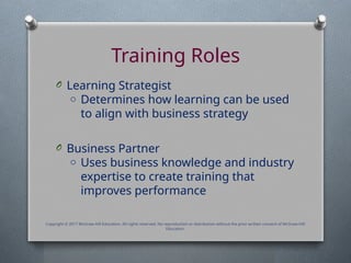 Training Roles
O Learning Strategist
o Determines how learning can be used
to align with business strategy
O Business Partner
o Uses business knowledge and industry
expertise to create training that
improves performance
Copyright © 2017 McGraw-Hill Education. All rights reserved. No reproduction or distribution without the prior written consent of McGraw-Hill
Education.
 