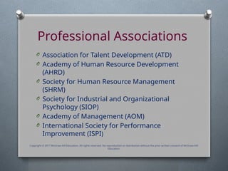 Professional Associations
O Association for Talent Development (ATD)
O Academy of Human Resource Development
(AHRD)
O Society for Human Resource Management
(SHRM)
O Society for Industrial and Organizational
Psychology (SIOP)
O Academy of Management (AOM)
O International Society for Performance
Improvement (ISPI)
Copyright © 2017 McGraw-Hill Education. All rights reserved. No reproduction or distribution without the prior written consent of McGraw-Hill
Education.
 
