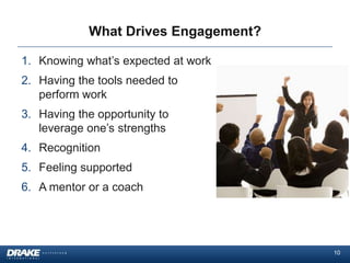 What Drives Engagement?

1. Knowing what’s expected at work
2. Having the tools needed to
   perform work
3. Having the opportunity to
   leverage one’s strengths
4. Recognition
5. Feeling supported
6. A mentor or a coach




                                      10
 