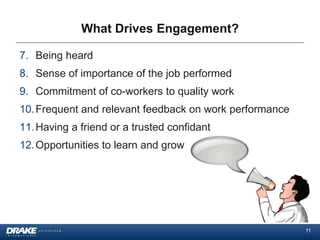 What Drives Engagement?

7. Being heard
8. Sense of importance of the job performed
9. Commitment of co-workers to quality work
10. Frequent and relevant feedback on work performance
11. Having a friend or a trusted confidant
12. Opportunities to learn and grow




                                                         11
 
