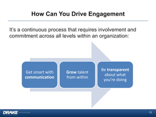 How Can You Drive Engagement

It’s a continuous process that requires involvement and
commitment across all levels within an organization:




                                       Be transparent
      Get smart with    Grow talent
                                        about what
      communication     from within
                                        you’re doing




                                                          13
 