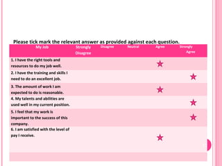 Please tick mark the relevant answer as provided against each question.
               My Job                 Strongly   Disagree   Neutral   Agree   Strongly
                                      Disagree                                    Agree

1. I have the right tools and
resources to do my job well.
2. I have the training and skills I
need to do an excellent job.
3. The amount of work I am
expected to do is reasonable.
4. My talents and abilities are
used well in my current position.
5. I feel that my work is
important to the success of this
company.
6. I am satisfied with the level of
pay I receive.

                                                                                          17
 