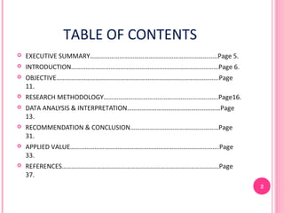TABLE OF CONTENTS
   EXECUTIVE SUMMARY……………………………………………………………………Page 5.
   INTRODUCTION………………………………………………………………………………Page 6.
   OBJECTIVE……………………………………………………………………………………...Page
    11.
   RESEARCH METHODOLOGY…………………………………………………………….Page16.
   DATA ANALYSIS & INTERPRETATION…………………………………………………Page
    13.
   RECOMMENDATION & CONCLUSION………………………………………………Page
    31.
   APPLIED VALUE……………………………………………………………………………….Page
    33.
   REFERENCES……………………………………………………………………………………Page
    37.
                                                            2
 