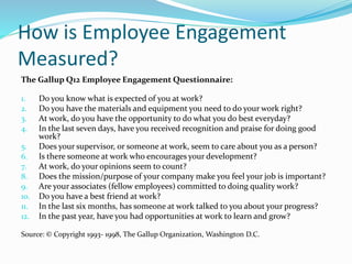 How is Employee Engagement
Measured?
The Gallup Q12 Employee Engagement Questionnaire:
1. Do you know what is expected of ...