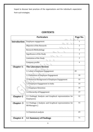6
hoped to discover best practices of the organizations and the individual’s expectation
from such strategies.
CONTENTS
Particulars Page No.
Introduction Employee engagement 1
Objective of the Research 2
Research Methodology 2
Significance of the Study 3
Limitation of the Study 3
Company profile 4
Chapter 1: The Literature Review
1.1 what is Employee Engagement 28
1.2 Definition of Employee Engagement 30
13 Historical Background of Employee Engagement 32
1.4 Employee Engagement in India 33
1.5 Employee Retention 34
1.6 Hierarchy of Engagement 37
Chapter-2 2.1 Findings( Analysis and Graphical representation for
Employees)
42
Chapter- 3 3.1 Findings ( Analysis and Graphical representation for
HR Managers )
55
3.2 Statistical analysis 69
Chapter-4 4.1 Summary of Findings 71
 