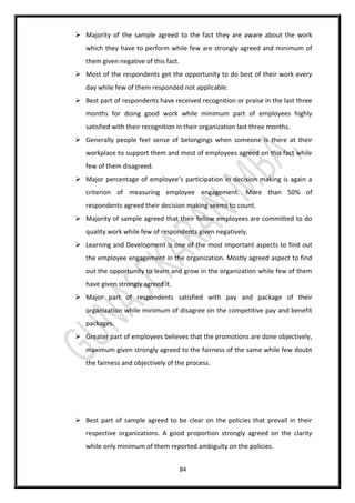 84
 Majority of the sample agreed to the fact they are aware about the work
which they have to perform while few are strongly agreed and minimum of
them given negative of this fact.
 Most of the respondents get the opportunity to do best of their work every
day while few of them responded not applicable.
 Best part of respondents have received recognition or praise in the last three
months for doing good work while minimum part of employees highly
satisfied with their recognition in their organization last three months.
 Generally people feel sense of belongings when someone is there at their
workplace to support them and most of employees agreed on this fact while
few of them disagreed.
 Major percentage of employee’s participation in decision making is again a
criterion of measuring employee engagement. More than 50% of
respondents agreed their decision making seems to count.
 Majority of sample agreed that their fellow employees are committed to do
quality work while few of respondents given negatively.
 Learning and Development is one of the most important aspects to find out
the employee engagement in the organization. Mostly agreed aspect to find
out the opportunity to learn and grow in the organization while few of them
have given strongly agreed it.
 Major part of respondents satisfied with pay and package of their
organization while minimum of disagree on the competitive pay and benefit
packages.
 Greater part of employees believes that the promotions are done objectively,
maximum given strongly agreed to the fairness of the same while few doubt
the fairness and objectively of the process.
 Best part of sample agreed to be clear on the policies that prevail in their
respective organizations. A good proportion strongly agreed on the clarity
while only minimum of them reported ambiguity on the policies.
 