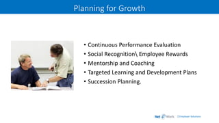 | Employer Solutions
Planning for Growth
• Continuous Performance Evaluation
• Social Recognition Employee Rewards
• Mentorship and Coaching
• Targeted Learning and Development Plans
• Succession Planning.
 