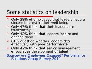 Some statistics on leadership
Only 38% of employees that leaders have a
sincere interest in their well being
 Only 47% th...