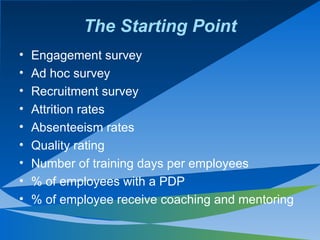 The Starting Point <ul><li>Engagement survey </li></ul><ul><li>Ad hoc survey </li></ul><ul><li>Recruitment survey </li></u...