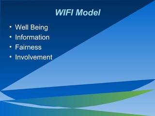 WIFI Model <ul><li>Well Being </li></ul><ul><li>Information </li></ul><ul><li>Fairness </li></ul><ul><li>Involvement </li>...